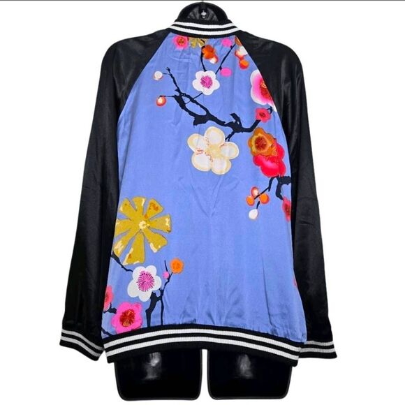 Alice Blue Jacket Size Large 100% Silk Floral Zip Up Pretty Statement - Picture 4 of 7
